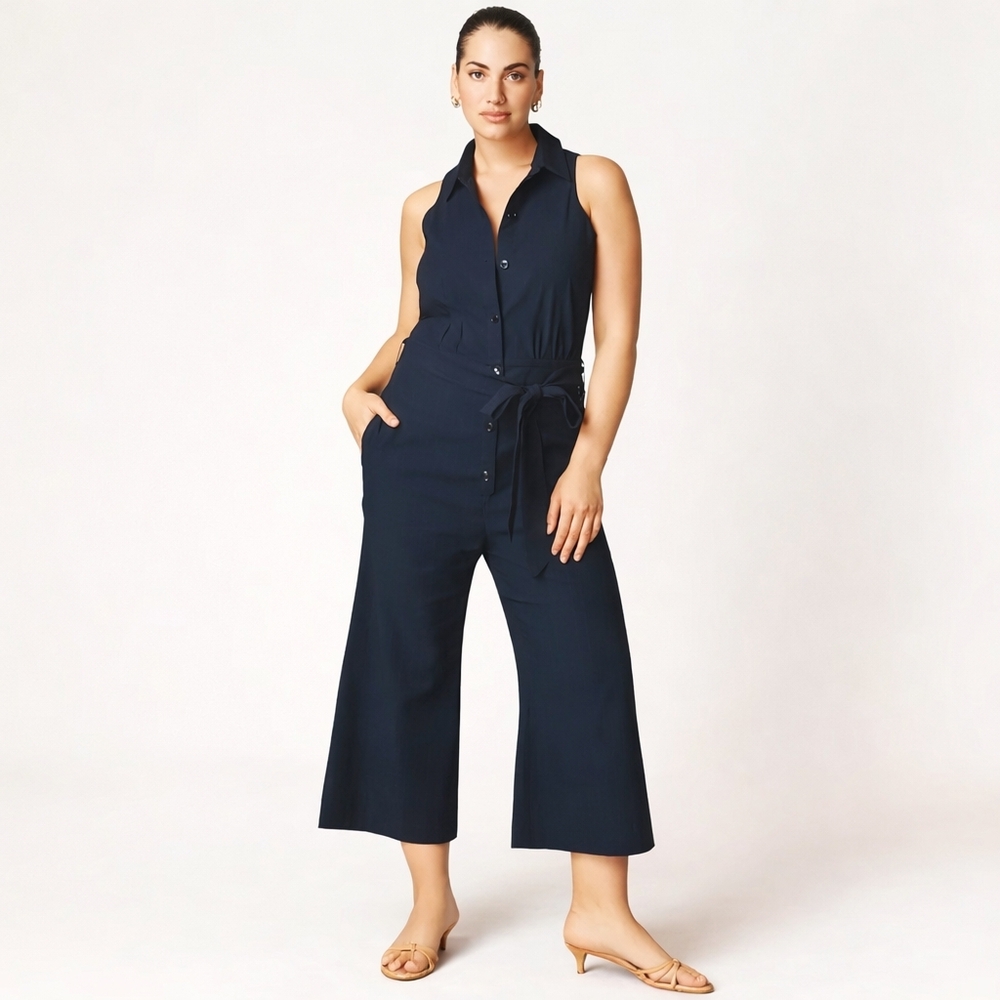 NWT Anthropologie Maeve Sapphire Sleeveless Belted Wide Leg Crop Jumpsuit 16